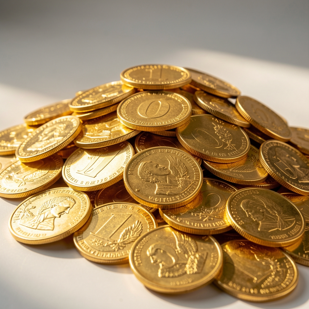 Altın külçeler ve altın para yığını parlak ışık altında, kıymetli metal yatırımı konsepti