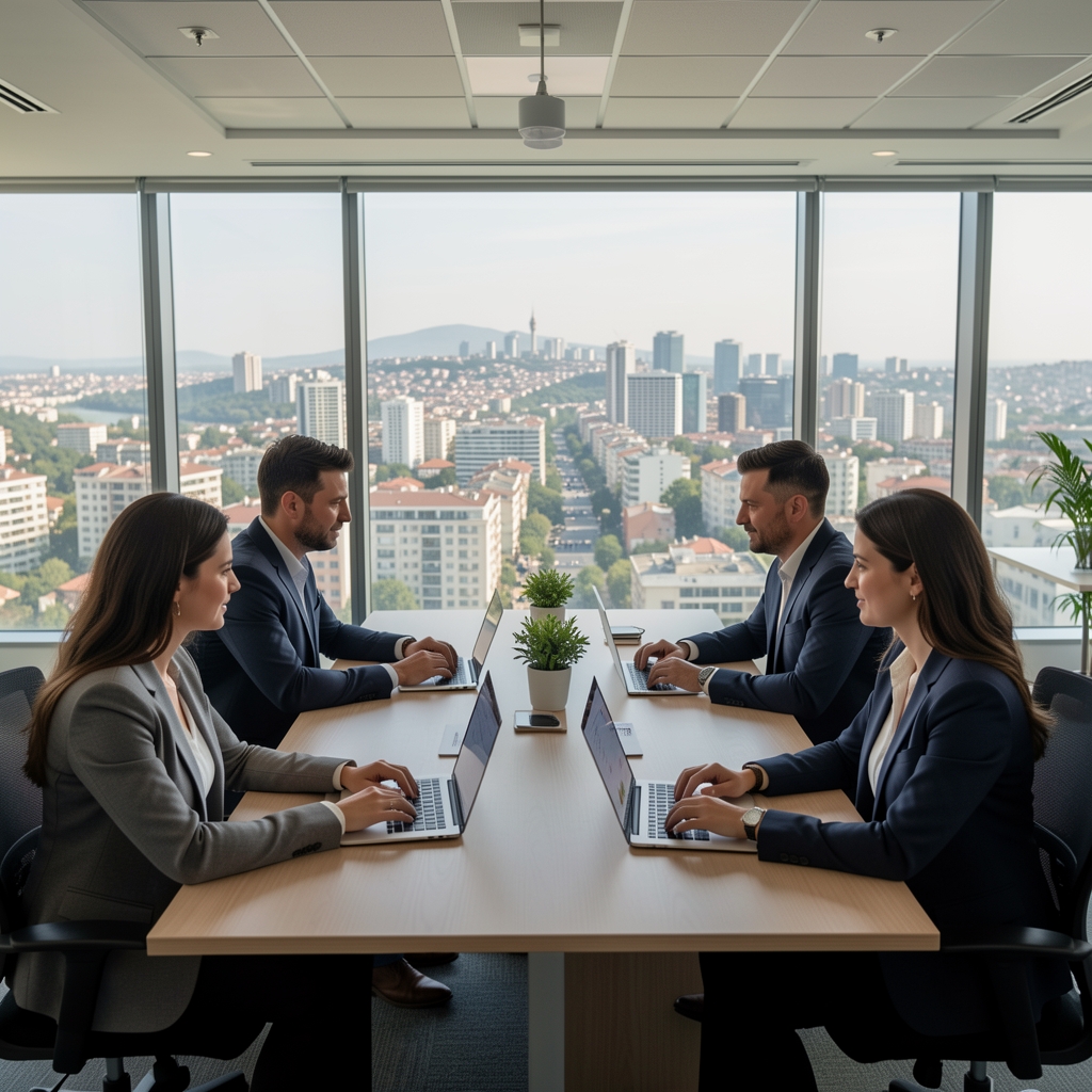 Ankara ofisinde çalışan finansal analist ekibi, modern açık plan ofis ortamında toplantı masasında laptoplarla analiz yapıyor, arka planda Ankara şehir manzarası
