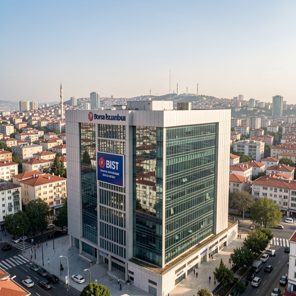 Borsa İstanbul ana giriş binası modern mimarisiyle, BIST tabelası ve cam cephe, İstanbul şehir manzarası arka planda