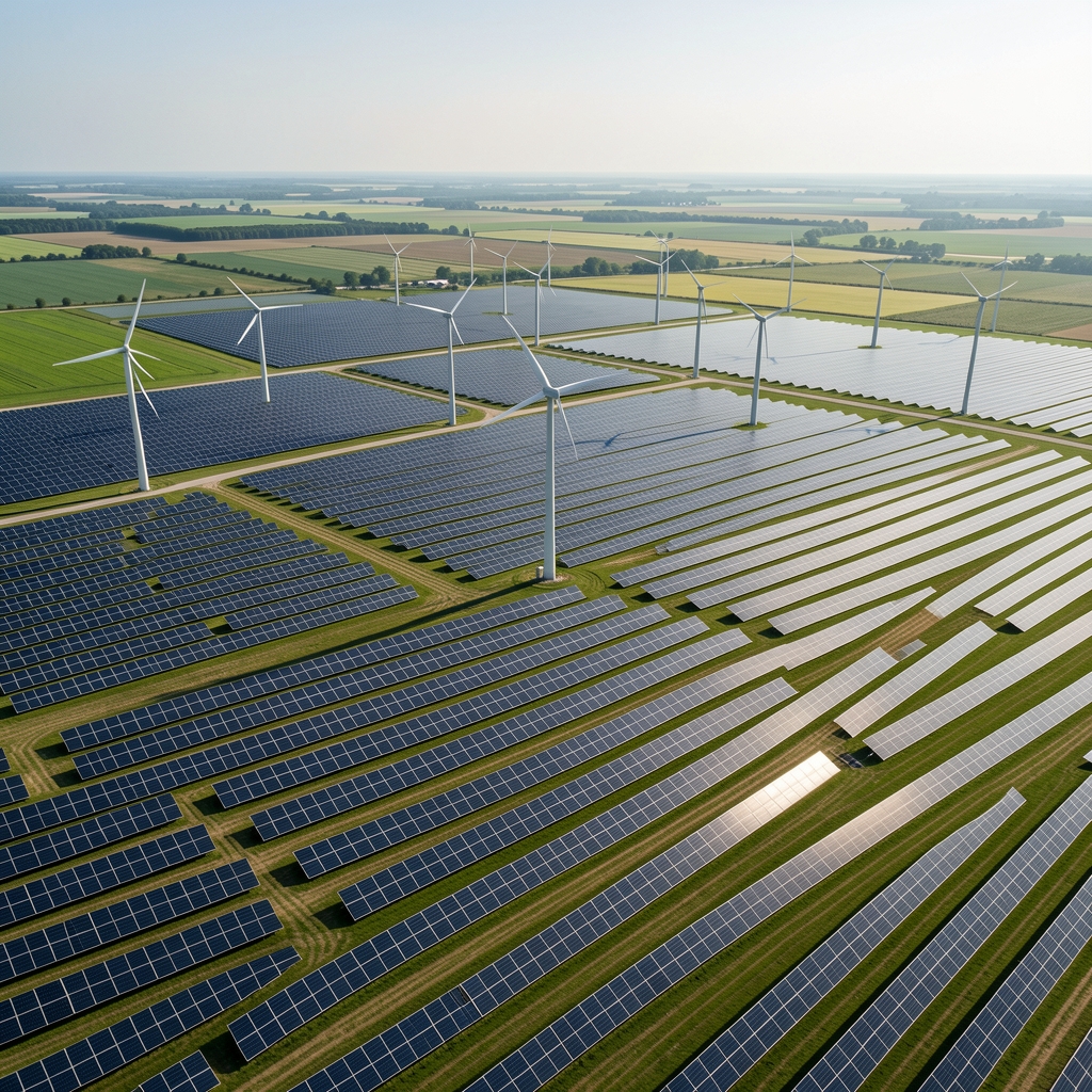 Güneş paneli tarlası ve rüzgar türbinlerinin geniş çekim havadan görüntüsü, yeşil enerji yatırımı konsepti
