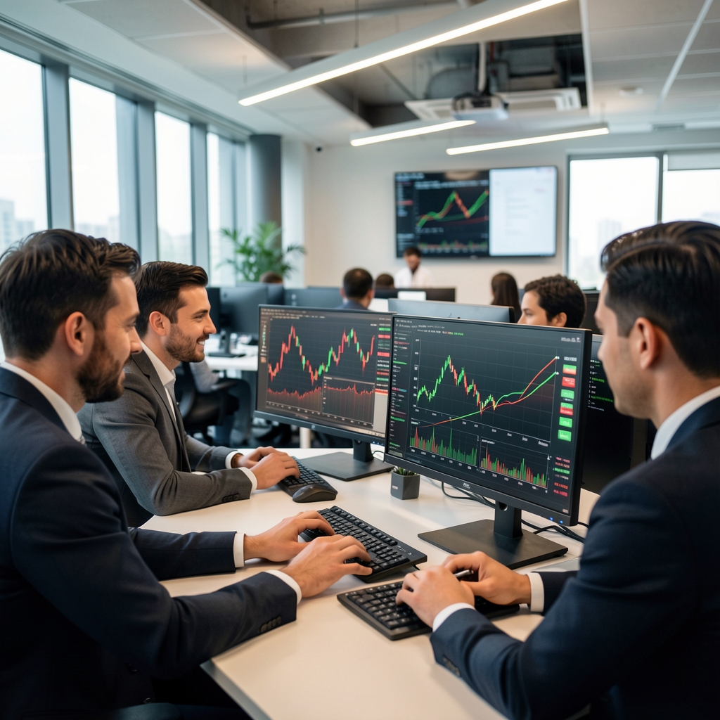 Risk yönetimi kavramını temsil eden profesyonel iş ortamı, veri analistleri bilgisayar ekranlarında kırmızı ve yeşil finansal göstergeler ve çan eğrisi grafikleri inceliyor, modern ofis aydınlatması
