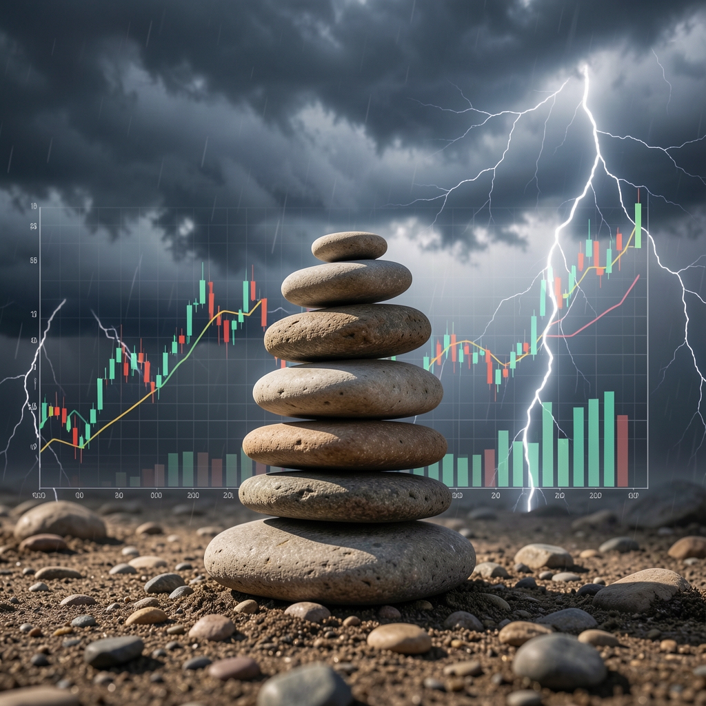 Risk yönetimi konsepti, dengede duran taşlar ve finansal grafik ile fırtınalı hava gökyüzü, risk ve istikrar sembolü