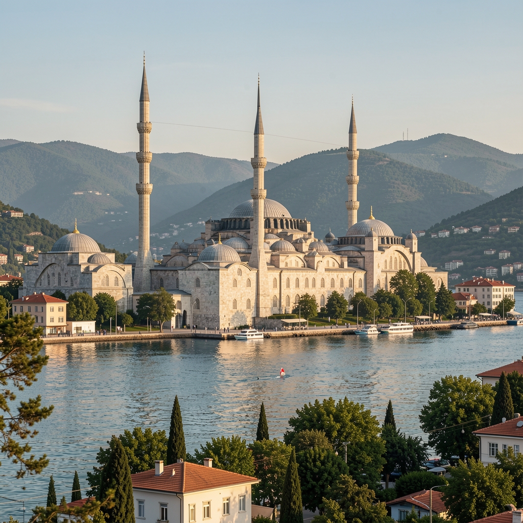 Türkiye'nin İstanbul şehir manzarası, Boğaz köprüsü ve modern finans merkezi binaları, gün batımında mavi ve altın tonları, ekonomik gelişmeyi simgeleyen güçlü şehir silüeti